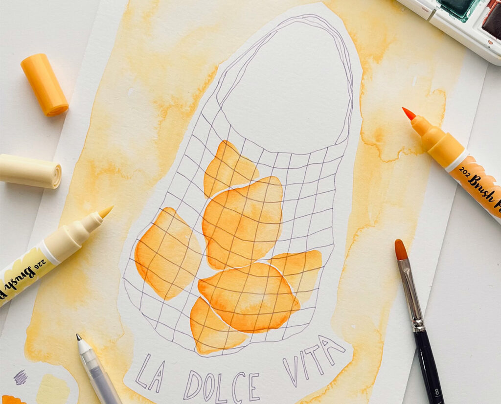 La Dolce Vita auf einem Bild mit Gelstiften und Zitronen aus Brush Pens aquarelliert
