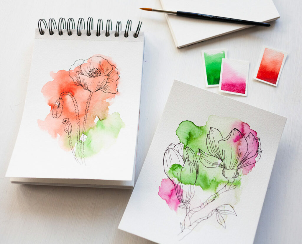 Mixed Media: Aquarellfarbe mit Permanent Liner Blumen