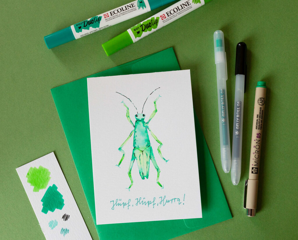 Grashüpfer als Mixed Media Projekt: Gelstifte, Brush Pens uns Pigment Liner