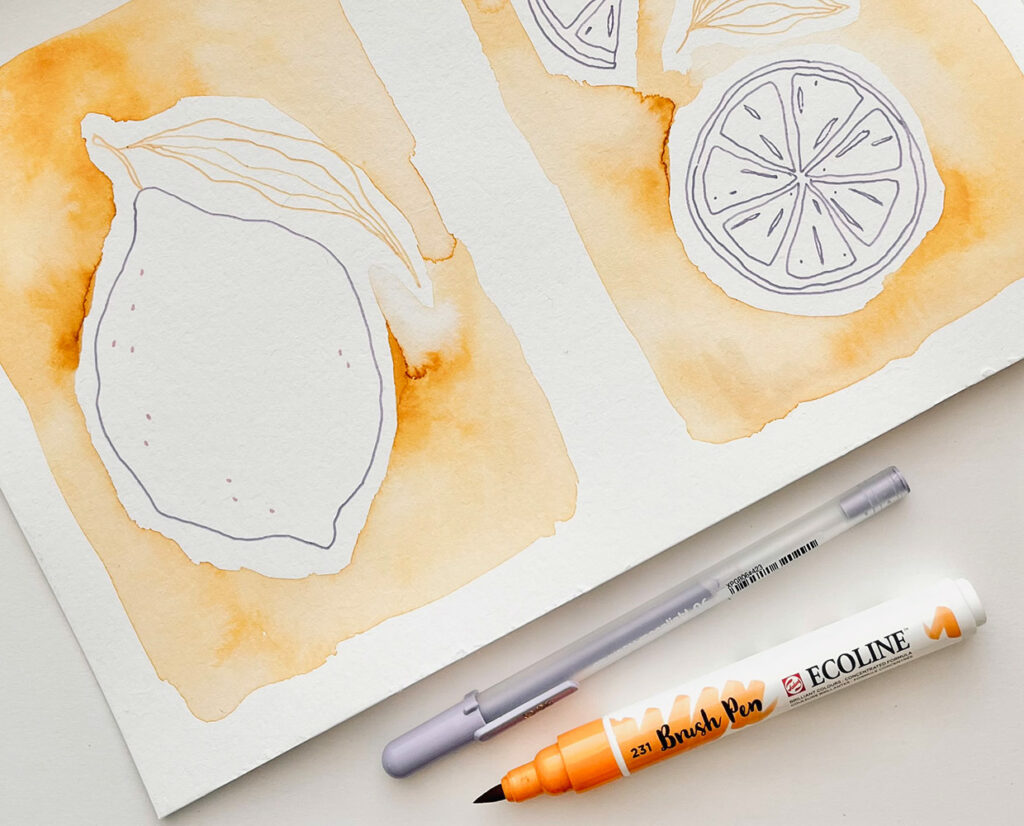 Zitronen mit Aquarellhintergrund und Gelly Rolls gestaltet