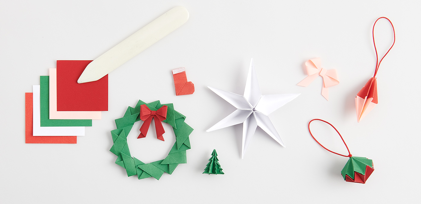 Kleines Origami für Weihnachten: Kranz. Kugel, Schneeflocke und Tannenbaum